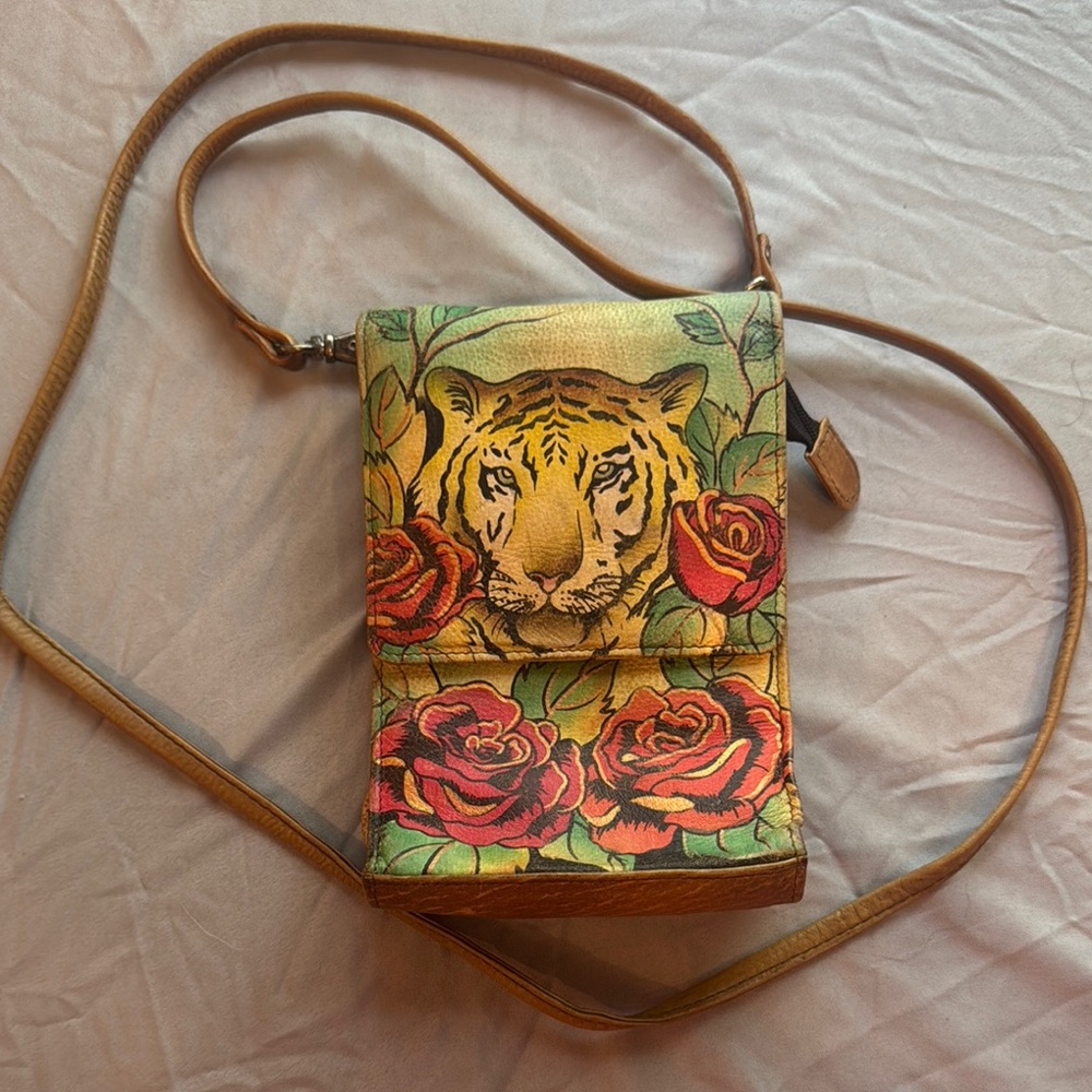 Anuschka Hand Painted Tiger Rose Crossbody Bag